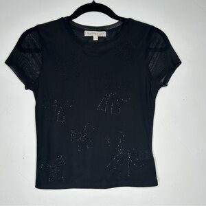 Madden Girl Black Bow Rhinestone Tee Mesh Second Skin Size Medium Cropped Whimsy